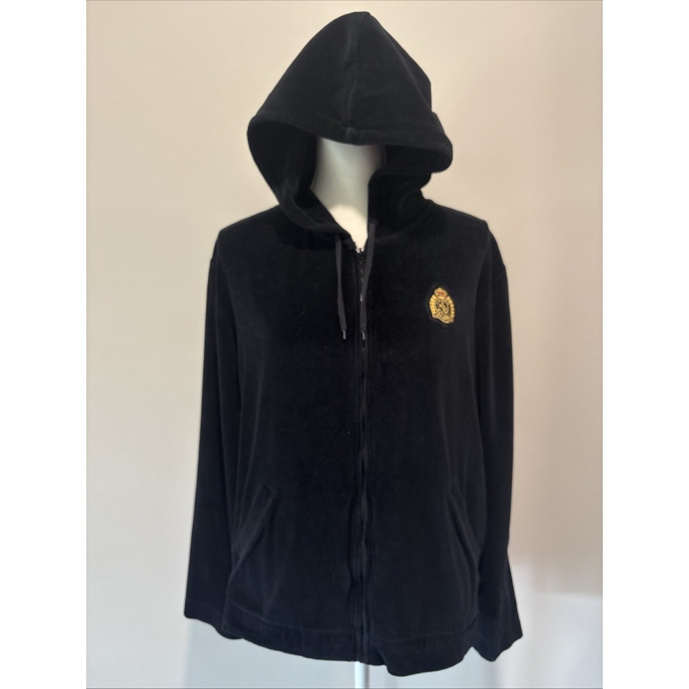Lauren Ralph Lauren velour zip-up hoodie jacket gold embroidered crest gold-tone